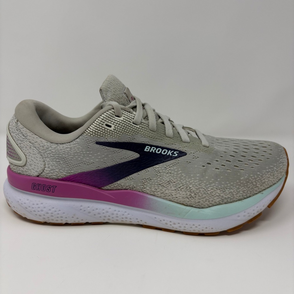 Brooks Ghost Athletic Shoe in Light Gray with Purple and Mint Accents